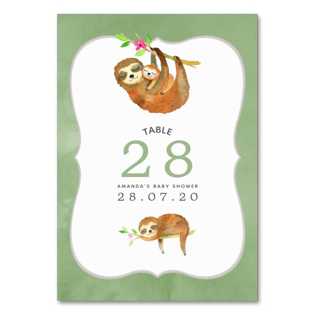 Watercolor Sloth themed Baby Shower Table Number (Front)