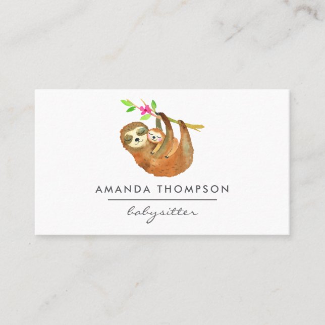 Watercolor Sloth themed Babysitter Business Card (Front)