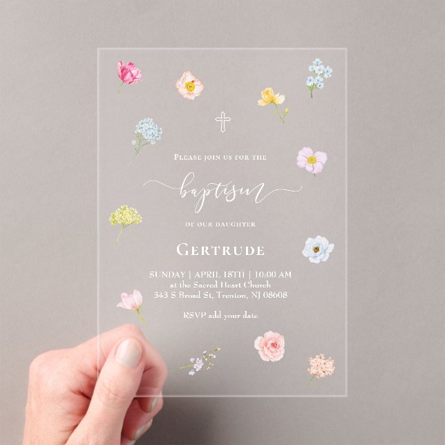 watercolor small flowers Baptism Acrylic Invitations (Insitu (Handheld))