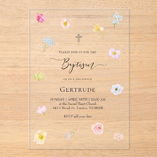 watercolor small flowers Baptism Acrylic Invitations (Front)