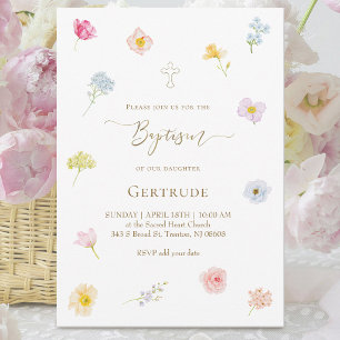 watercolor small flowers Baptism Invitation