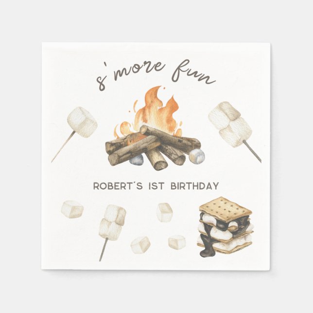 Watercolor S'more Campfire 1st Birthday Napkin (Front)