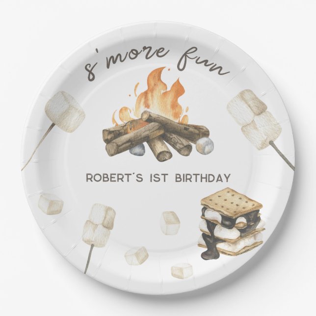 Watercolor S'more Campfire 1st Birthday Paper Plate (Front)