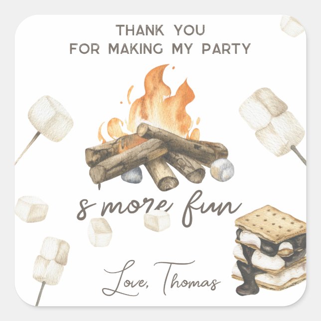 Watercolor S'more Campfire Birthday Thank you Square Sticker (Front)