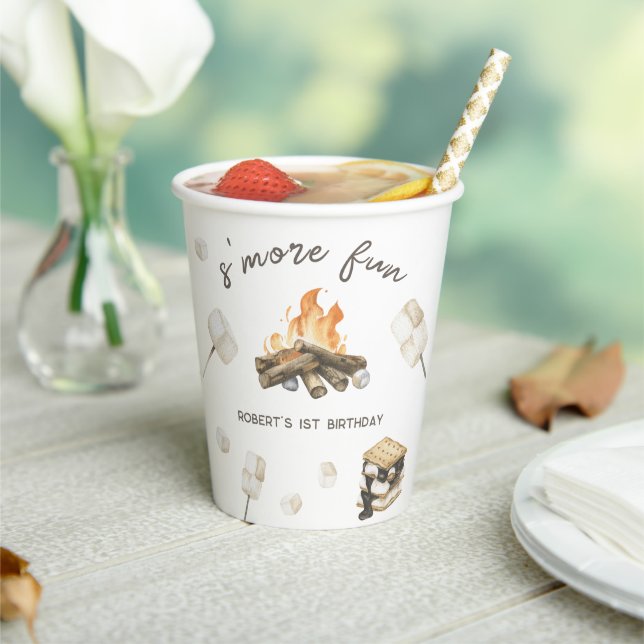 Watercolor S'more Fun Campfire 1st Birthday Paper Cups (Insitu)