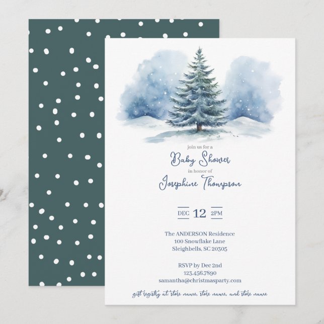 Watercolor Snow Covered Evergreen Baby Shower Invitation (Front/Back)