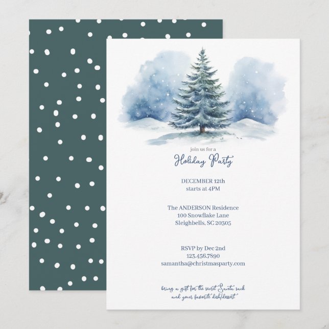 Watercolor Snow Covered Evergreen Holiday Party Card (Front/Back)