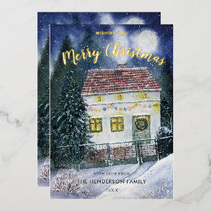 Watercolor Snow Covered Festive Cottage Foil Holiday Card