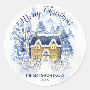 Watercolor Snow Covered Vintage Cottage Christmas Classic Round Sticker