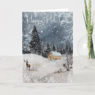 Watercolor Snow Landscape Cabin Happy Holidays Card