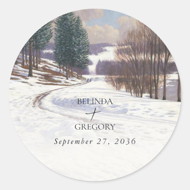 Watercolor Snow Landscape Wedding Classic Round Sticker (Front)