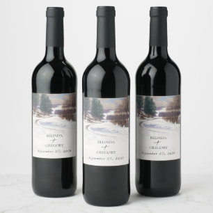 Watercolor Snow Landscape Wedding Wine Label