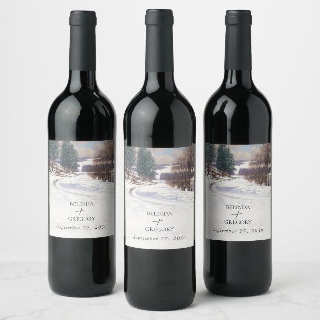 Watercolor Snow Landscape Wedding Wine Label (Bottles)