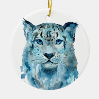 Watercolor Snow Leopard Ceramic Tree Decoration