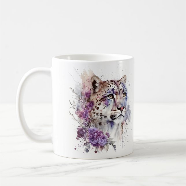 Watercolor Snow Leopard Sublimation Animal Lover Coffee Mug (Left)