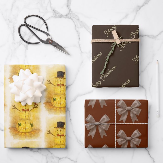 Watercolor snow man wrapping paper sheet (Front)