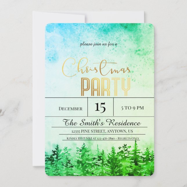 Watercolor Snow Pine Forest Christmas Invitation (Front)