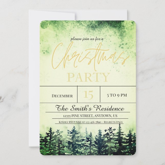 Watercolor Snow Pine Forest Christmas Invitation (Front)