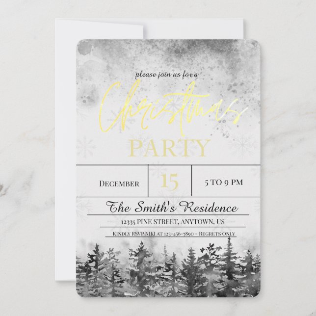 Watercolor Snow Pine Forest Christmas Invitation (Front)