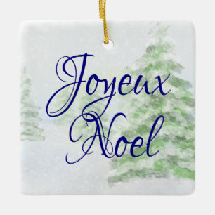 Watercolor Snow Scene Joyeux Noel Ceramic Ornament