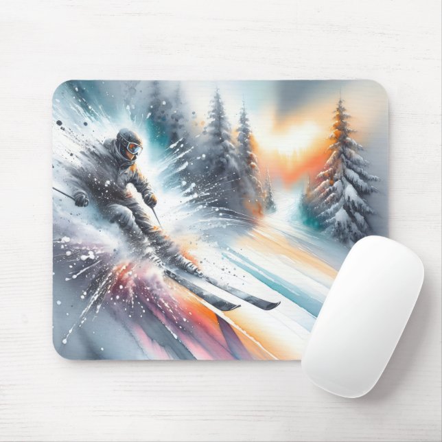 Watercolor Snow Skier Mouse Mat (With Mouse)