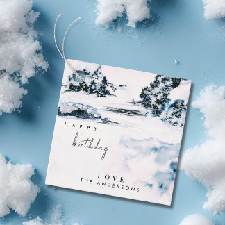 Watercolor Snow Winter Mountains Elegant Birthday Favour Tags