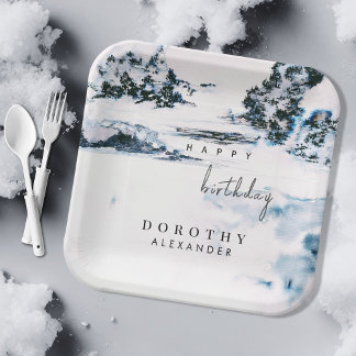 Watercolor Snow Winter Mountains Elegant Birthday Paper Plate
