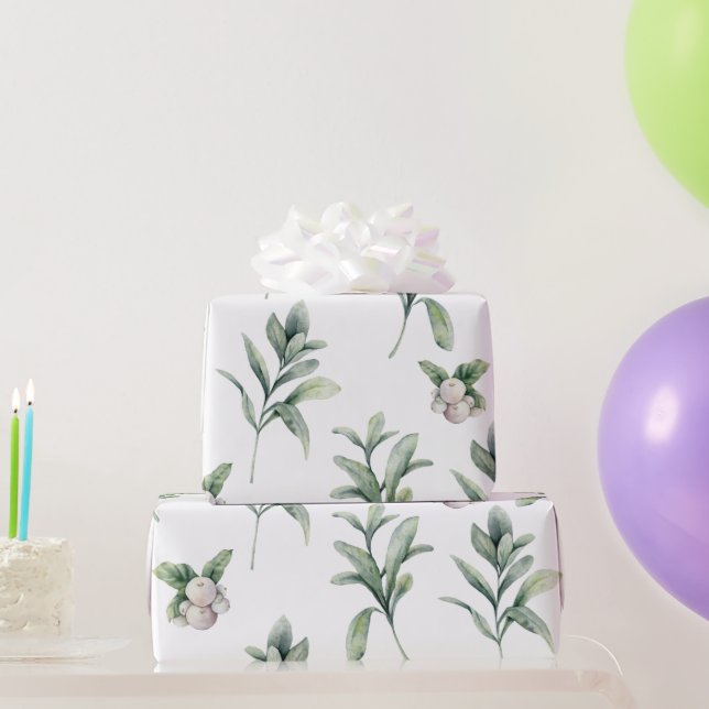 Watercolor Snowberries and Winter Greenery Wrapping Paper (Party Gifts)