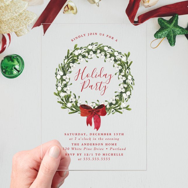 Watercolor Snowberry Greenery Wreath Holiday Party Acrylic Invitations (Creator Uploaded)