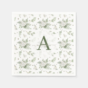 Watercolor Snowberry White Cedar Branch Christmas Napkin