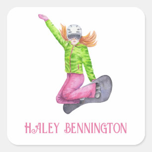 Watercolor Snowboarding Personalised Square Sticker