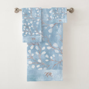 Watercolor Snowdrops Pattern Dusty Blue ID726 Bath Towel Set
