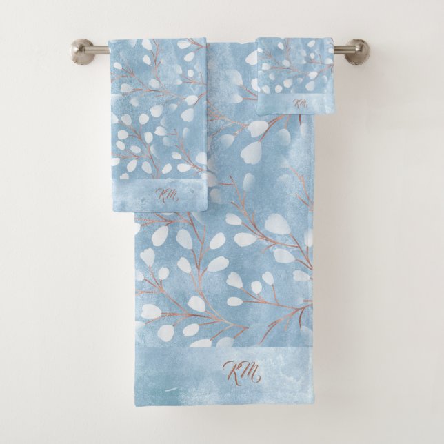 Watercolor Snowdrops Pattern Dusty Blue ID726 Bath Towel Set (Insitu)