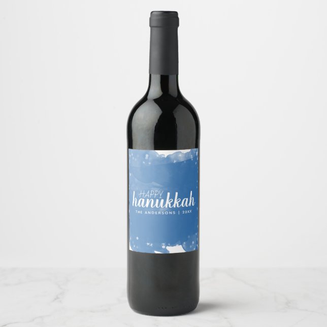 Watercolor Snowfall Happy Hanukkah Holiday Wine Label (Front)