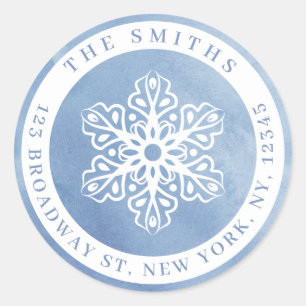 Watercolor Snowflake Blue Christmas Return Address Classic Round Sticker