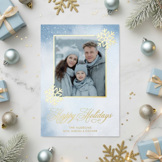 Watercolor Snowflake Blue Photo Happy Holidays Foil Holiday Card (Creator Uploaded)