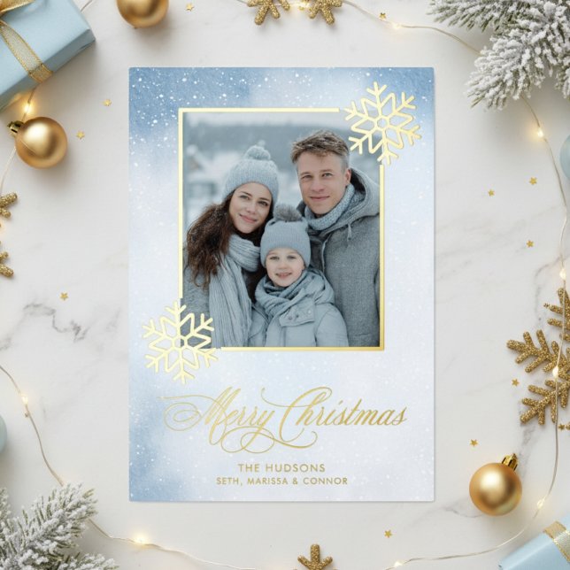 Watercolor Snowflake Blue Photo Merry Christmas Foil Holiday Card (Creator Uploaded)