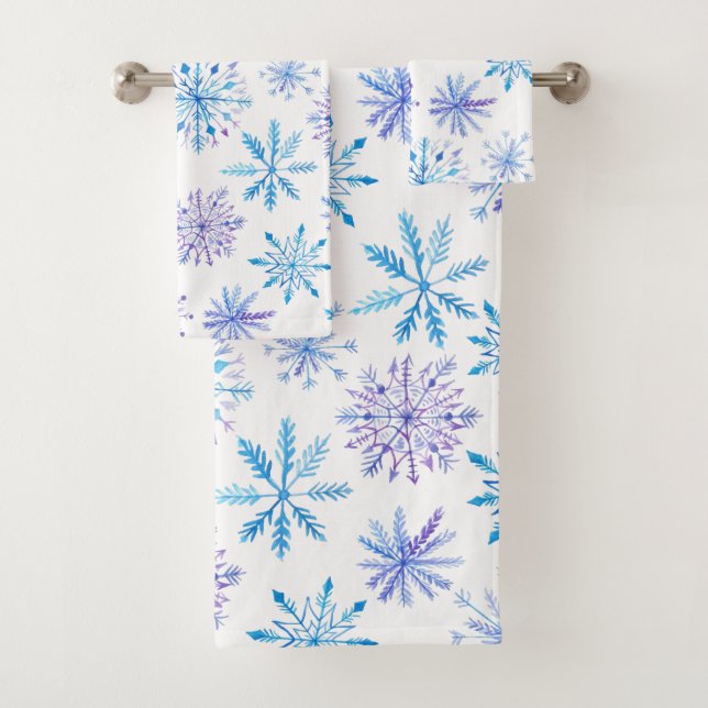 Watercolor snowflakes blue & purple bath towel set (Insitu)