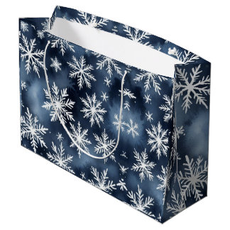 Watercolor Snowflakes Pattern in Navy Blue and Whi Large Gift Bag