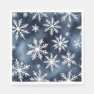 Watercolor Snowflakes Pattern in Navy Blue and Whi Napkin