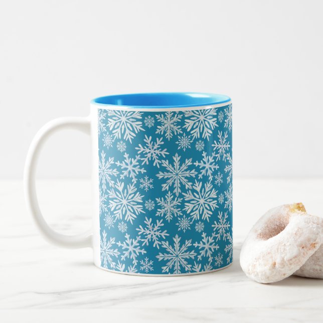 Watercolor Snowflakes Pattern Two-Tone Coffee Mug (With Donut)