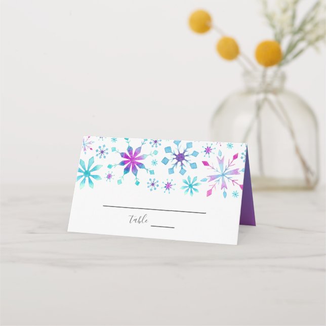 Watercolor Snowflakes Winter Wedding Place Card (Front)