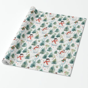 Watercolor snowman and Christmas Tree Wrapping Paper