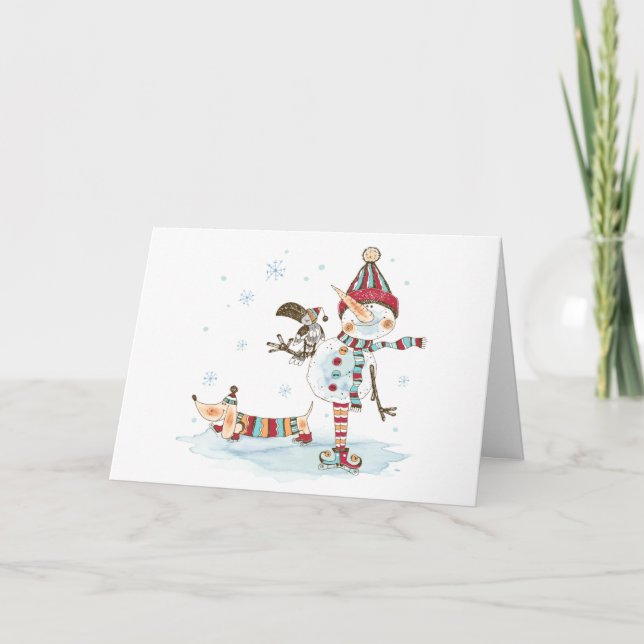 Watercolor Snowman and Dachshund  Holiday Card (Front)