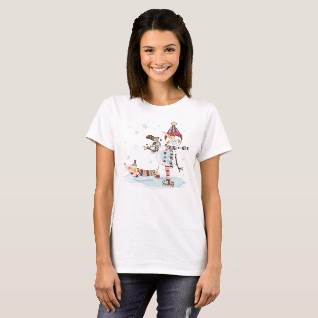 Watercolor Snowman and Dachshund  T-Shirt (Front Full)