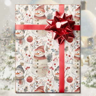 Watercolor Snowman Christmas Country Cottage Wrapping Paper