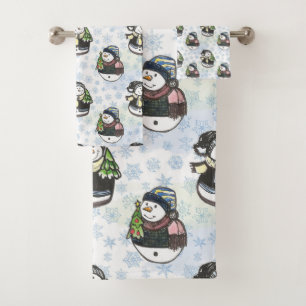 Watercolor Snowman Christmas hand drawn Bath Towel Set