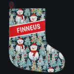 Watercolor Snowman Christmas Personalised  Large Christmas Stocking<br><div class="desc">Adorable cosy snowmen in warm red scarves and warm knit hats and a pretty green,  red and blue pine tree background personalised Christmas stocking.</div>