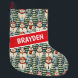 Watercolor Snowman Christmas Personalised  Large Christmas Stocking<br><div class="desc">Watercolor cosy snowmen in warm red scarves and warm knit hats and a pretty green,  red and blue pine tree background personalised Christmas stocking.</div>