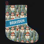 Watercolor Snowman Christmas Personalised  Large Christmas Stocking<br><div class="desc">Watercolor cosy snowmen in warm red scarves and warm knit hats and a pretty green,  red and blue pine tree background personalised Christmas stocking.</div>